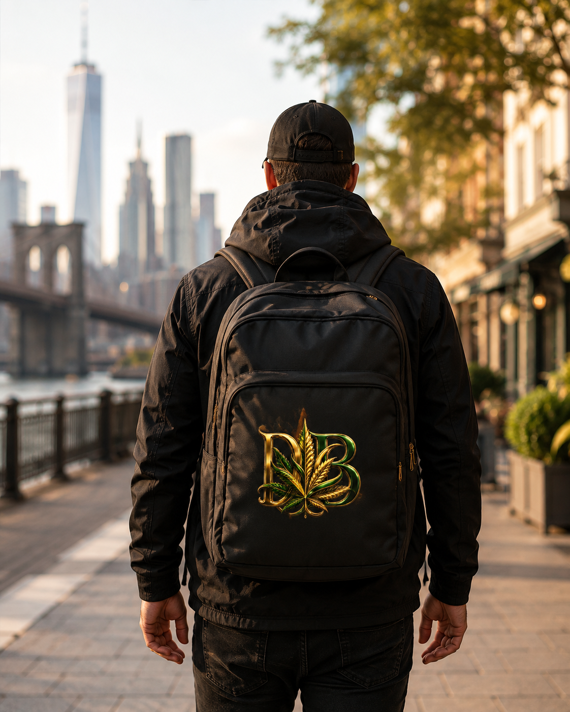 A DeliverBud deliver-personnel backpack carrying the DB monogram